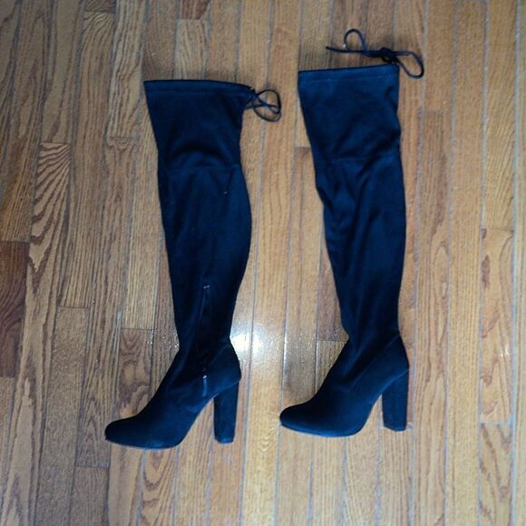 High heel Knee high solid black soft suede boots tie up autumn party block heels - Picture 8 of 13